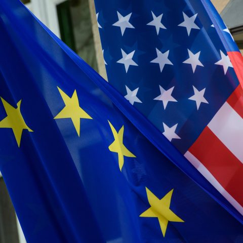 Bandiera europea e statunitense (Ipa/Fotogramma)