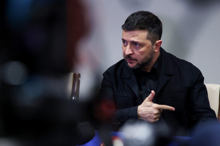Il presidente ucraino Zelensky alla conferenza stampa Onu (Afp)