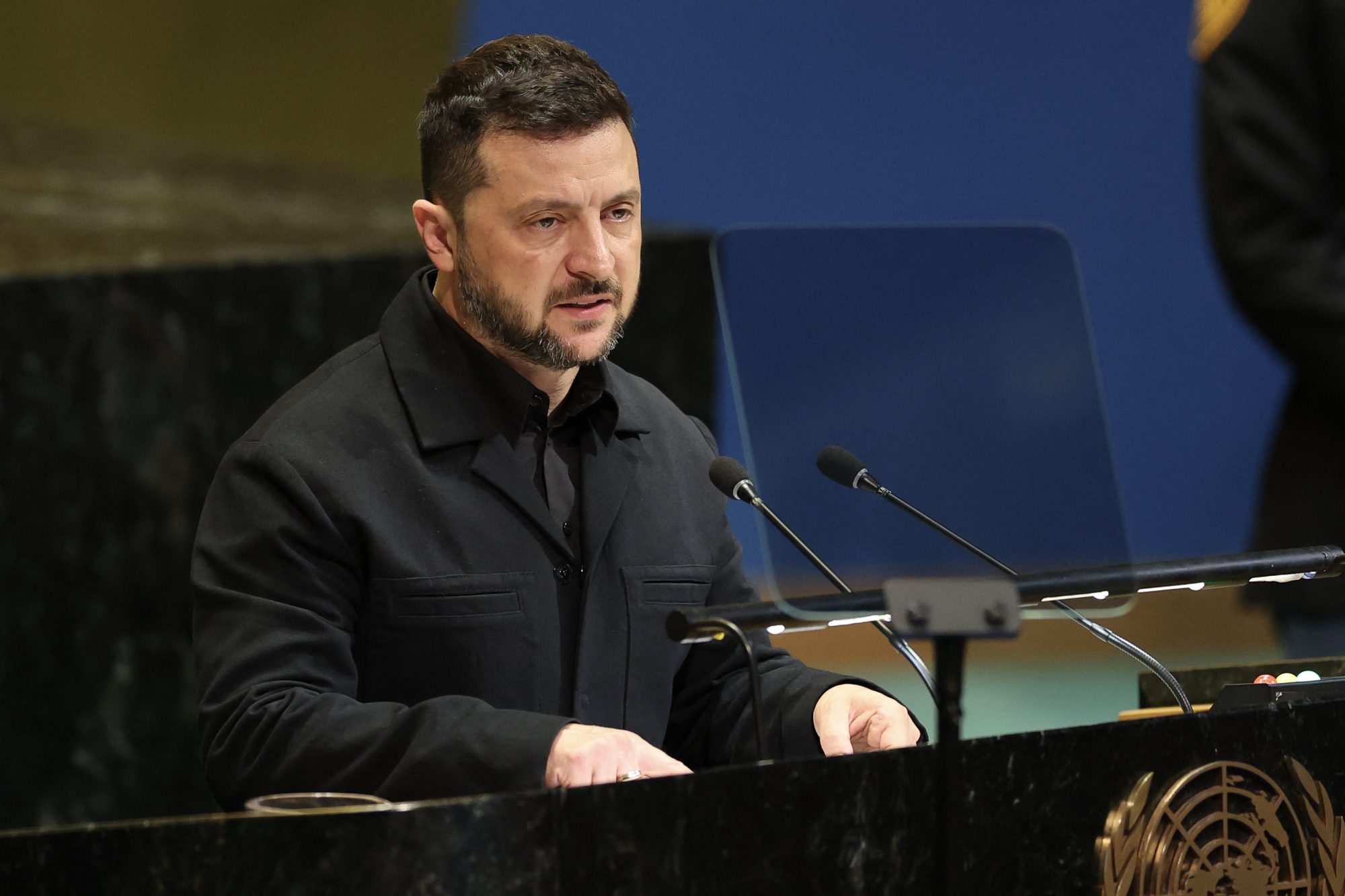 Il presidente ucraino Volodymyr Zelensky all'Assemblea Generale Onu 2025 (Afp)