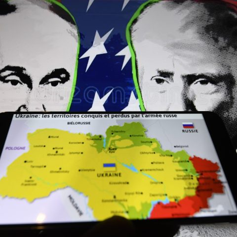 Illustrazione di Donald Trump, Vladimir Putin e la mappa dell'Ucraina (Ipa/Fotogramma)