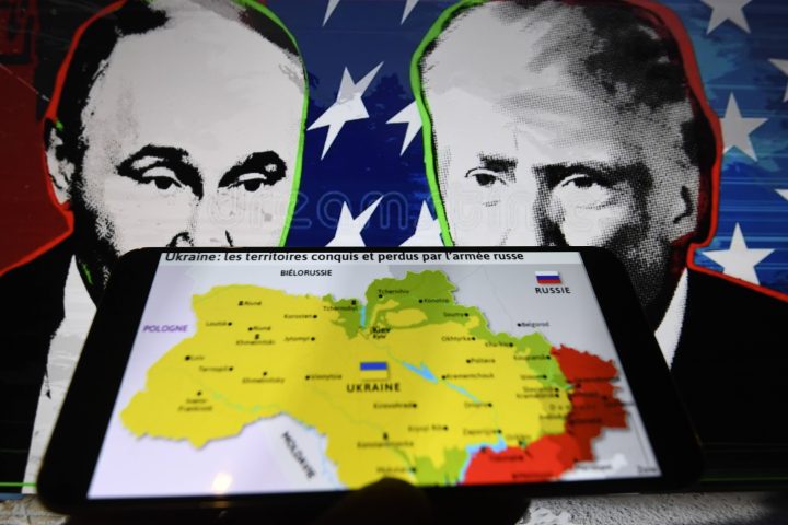 Illustrazione di Donald Trump, Vladimir Putin e la mappa dell'Ucraina (Ipa/Fotogramma)