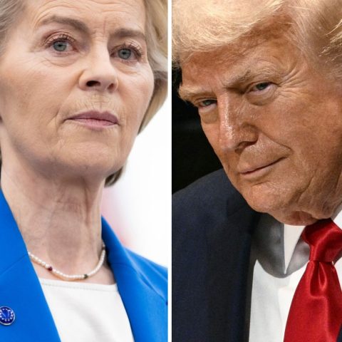 La presidente della Commissione europea Ursula von der Leyen e il presidente degli Stati Uniti Donald Trump (Afp)