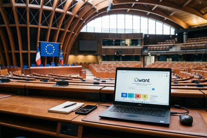 Laptop con schermata del motore di ricerca Qwant all'interno del Parlamento Europeo