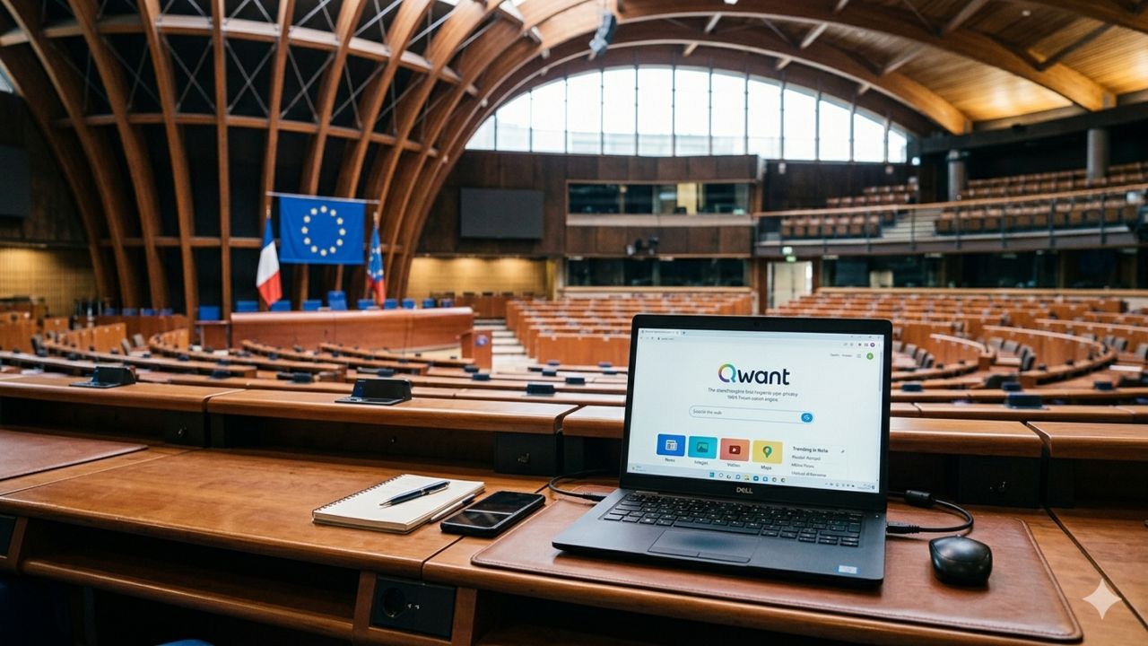 Laptop con schermata del motore di ricerca Qwant all'interno del Parlamento Europeo