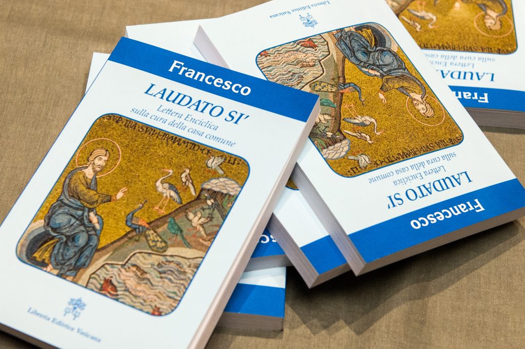Pope Francis' New Encyclical Titled "laudato Si (be Praised), On The Care Of Our Common Home", Is Displayed During The Presentation News Conference At The Vatican