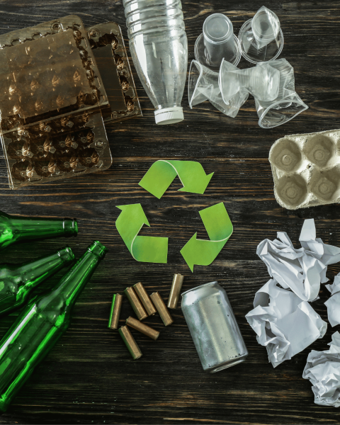 Bottiglie di vetro, lattina, carta, plastica, cartone e simbolo del riciclo