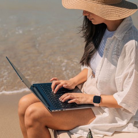 Ragazza pc spiaggia canva