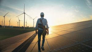 Engineer walking on solar panel storyblocks