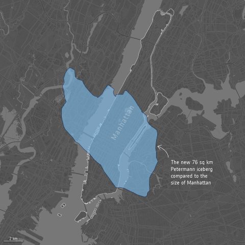 Size of new iceberg calved from Petermann Glacier article esa