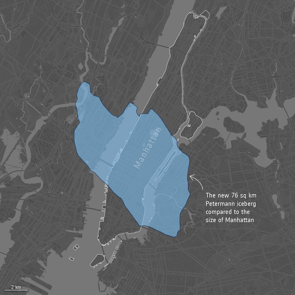 Size of new iceberg calved from Petermann Glacier article esa