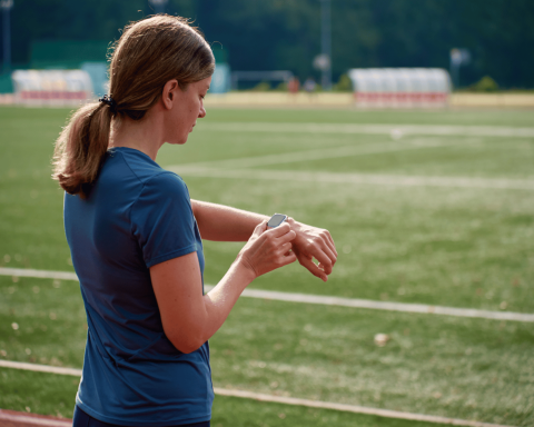 Donna che controlla lo smartwatch durante una corsa su una pista sportiva