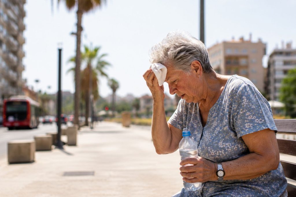 Signora su una panchina soffre il caldo
