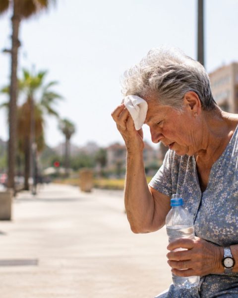 Signora su una panchina soffre il caldo