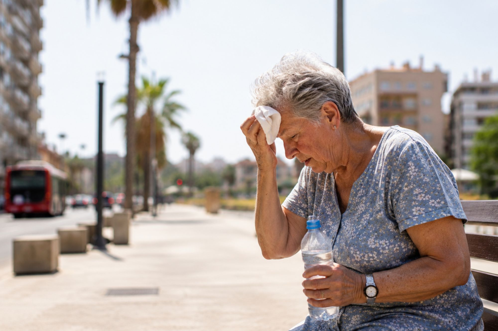 Signora su una panchina soffre il caldo