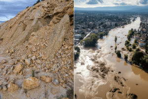 Composizione di due immagini: a sinistra un pendio roccioso interessato da una frana, a destra un'area abitata invasa dalle acque di un'alluvione