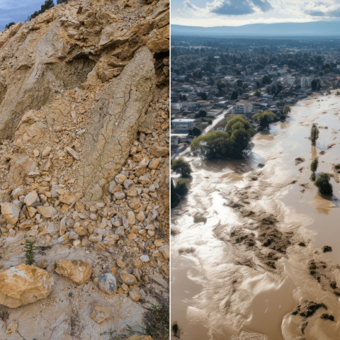 Composizione di due immagini: a sinistra un pendio roccioso interessato da una frana, a destra un'area abitata invasa dalle acque di un'alluvione