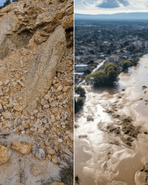Composizione di due immagini: a sinistra un pendio roccioso interessato da una frana, a destra un'area abitata invasa dalle acque di un'alluvione