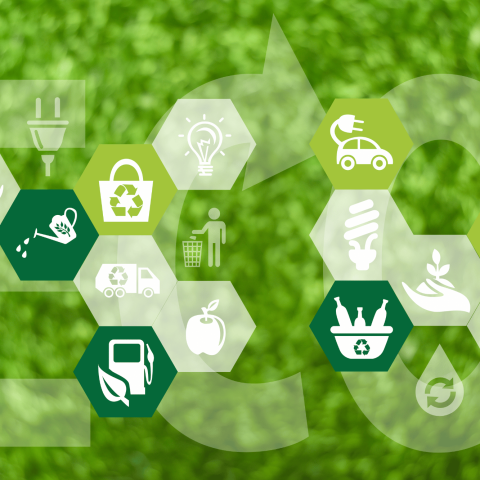 Scritta ECO su sfondo verde, con icone dedicate al riciclo, all'energia, alla mobilità sostenibile e alla tutela dell'ambiente