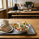 Vassoio con un pasto ispirato alla Dieta Mediterranea, con cereali, legumi, verdure fresche e frutta, in una mensa scolastica