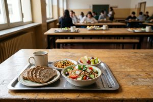 Vassoio con un pasto ispirato alla Dieta Mediterranea, con cereali, legumi, verdure fresche e frutta, in una mensa scolastica