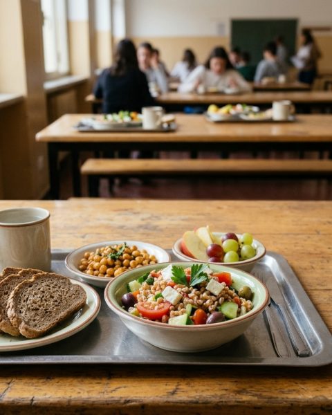 Vassoio con un pasto ispirato alla Dieta Mediterranea, con cereali, legumi, verdure fresche e frutta, in una mensa scolastica